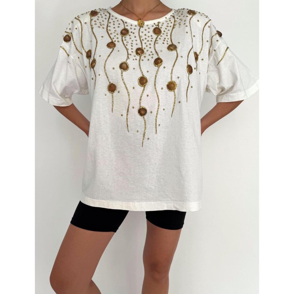 80s white gold seashell embellished funky retro beach vacation cotton tee shirt - Picture 2 of 9